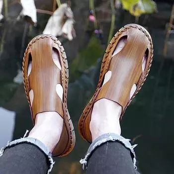 Мужские сандалии черные кожаные туфли для вождения сандалии-гладиаторы летние пляжные туфли на открытом воздухе большие размеры EU:45 коричневый