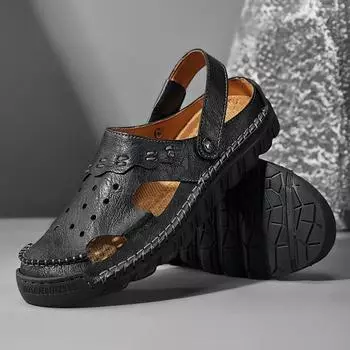 Мужские сандалии для походов на открытом воздухе, летние, сшитые вручную, с отверстиями 46 чёрный