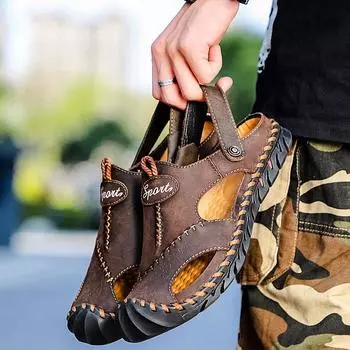 Мужские сандалии двойного назначения. Мужские дышащие повседневные сандалии из полой кожи, двухслойная мужская обувь из воловьей кожи. 38