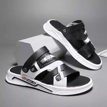 Мужские сандалии двойного назначения, пляжная обувь, летние кожаные сандалии с открытым носком и пряжкой, черно-белая модная мужская обувь, новинка 39 чёрный