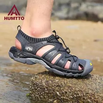 Мужские сандалии HUMTTO, летние роскошные дизайнерские пляжные повседневные мужские туфли, брендовые дышащие быстросохнущие уличные черные мужские сандалии на плоской подошве