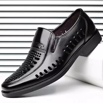 Мужские сандалии из коровьей кожи, деловая обувь, обувь с полыми отверстиями, дышащая обувь для пап среднего и пожилого возраста на мягкой подошве 38