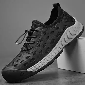 Мужские сандалии из мягкой кожи 2024 года, летние, дышащие, нескользящие, подошва из коровьих сухожилий, повседневная кожаная обувь для отдыха на природе, пляжная обувь 38 чёрный