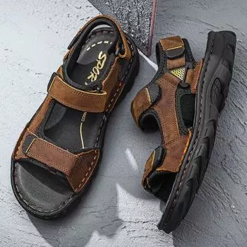 Мужские сандалии из натуральной кожи, большие размеры 38-48, летняя обувь для мужчин, дышащие уличные спортивные сандалии для мужчин 38 чёрный
