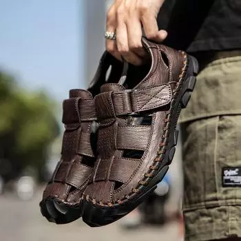 Мужские сандалии из натуральной кожи для активного отдыха: Дышащая, полая, повседневная пляжная обувь, доступны большие размеры. 39 чёрный