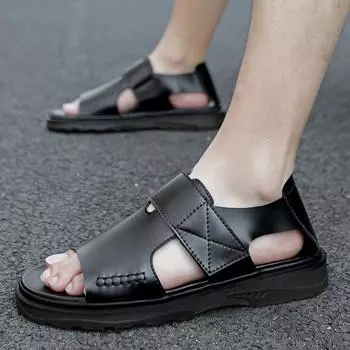 Мужские сандалии из натуральной кожи, летние новые модные тапочки, нескользящая пляжная обувь, мягкая подошва, открытый носок, повседневная мужская обувь 38 чёрный