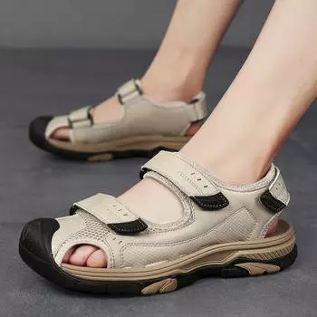 Мужские сандалии из натуральной кожи, летние, новые, нескользящие, для отдыха на открытом воздухе, пляжные, дышащие и удобные, римские туфли на толстой подошве 39 чёрный