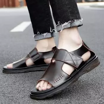 Мужские сандалии из натуральной кожи, летние новые модные тапочки, нескользящая пляжная обувь, мягкая подошва, открытый носок, повседневная мужская обувь 38 коричневый