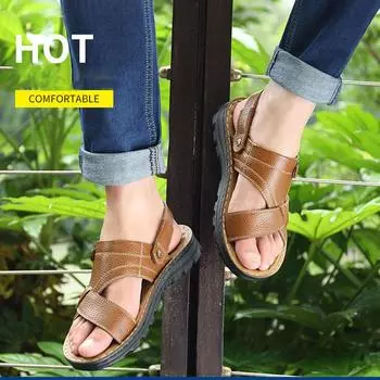 Мужские сандалии из натуральной кожи, мужская пляжная обувь, брендовая мужская повседневная обувь, мужские тапочки, кроссовки, летняя обувь, шлепанцы 39 чёрный