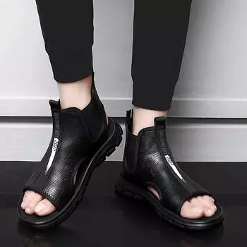 Мужские сандалии из натуральной кожи, новинка, горячая распродажа, римские туфли, нескользящие мужские летние туфли на плоской подошве, дышащие повседневные туфли, высокие сандалии «Челси» 38 чёрный