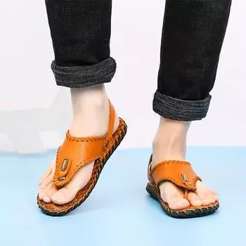 Мужские сандалии из натуральной кожи первого слоя, сезон 2024 года, новый модный тренд, нескользящие носки, шлепанцы, мужские тапочки, обувь 39 жёлтый