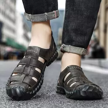 Мужские сандалии из натуральной кожи, повседневная обувь, летние сандалии, тапочки 39 тёмно-рыжий