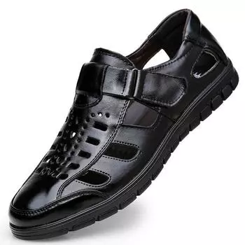 Мужские сандалии из натуральной кожи, повседневные туфли с отверстием для головы, износостойкие туфли из воловьей кожи с полыми носками 38