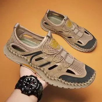 Мужские сандалии из натуральной кожи с сетчатым узором, препятствующим столкновению, нескользящие, модные повседневные мужские пляжные туфли 38