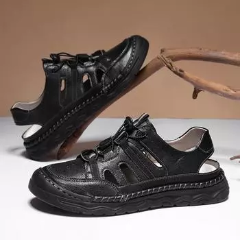 Мужские сандалии из спилковой кожи, сандалии, шлепанцы, дышащие, римские мужские летние пляжные тапочки, мягкие, горячая распродажа, мужские пляжные сандалии 38 чёрный