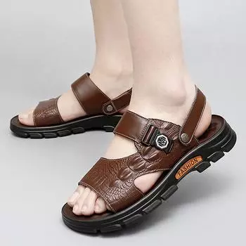 Мужские сандалии из телячьей кожи с рисунком под крокодила и латексной подкладкой для пляжа, дышащие противоскользящие мужские сандалии двойного назначения, мужская обувь 38 чёрный