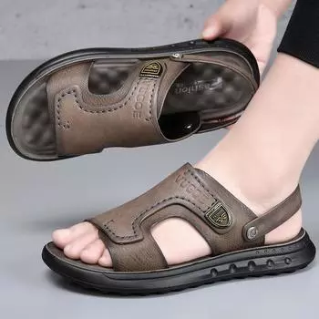 Мужские сандалии, кожаные летние тапочки 2024 года, новый модный тренд, первый слой коровьей кожи, мужская повседневная нескользящая пляжная обувь 42 зелёный