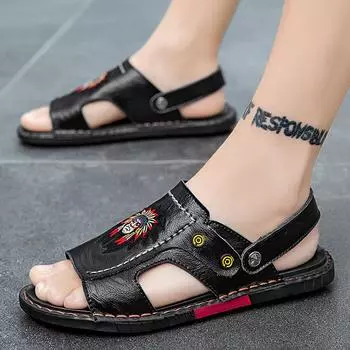 Мужские сандалии, кожаные прогулочные туфли с открытым носком, широкие уличные спортивные римские сандалии для пеших прогулок, пляжных прогулок EU:46 чёрный
