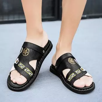 Мужские сандалии, кожаные прогулочные туфли с открытым носком, широкие уличные спортивные походные белые пляжные прогулочные римские сандалии EU:40 чёрный