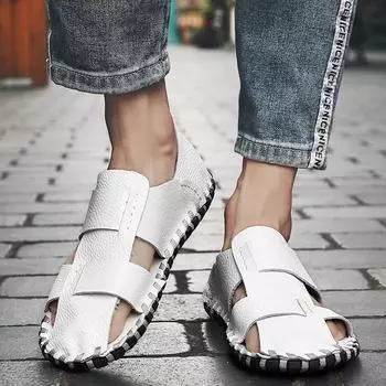 Мужские сандалии Белые кожаные туфли с открытым носком Широкие спортивные походные черные пляжные туфли Римские сандалии EU:40 чёрный