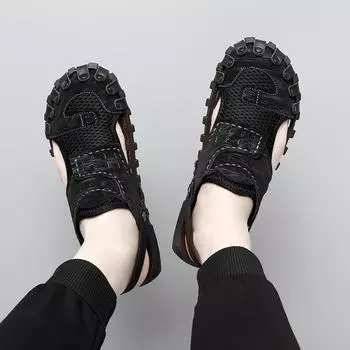 Мужские сандалии из кожи для походов вброд, закрытый носок, широкие римские сандалии для походов на пляж, большой размер EU:40 чёрный