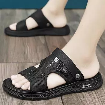 Мужские сандалии, летние, черные, нескользящие, повседневные, сандалии, толстая подошва, мягкая подошва, пляжная обувь, тапочки двойного назначения для вождения 38 чёрный