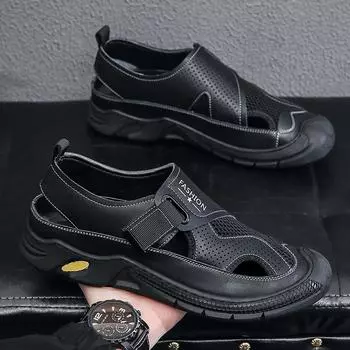 Мужские сандалии летние кожаные с мягкой подошвой спортивные уличные тапочки мужские повседневные сетчатые мужские пляжные туфли 38 чёрный