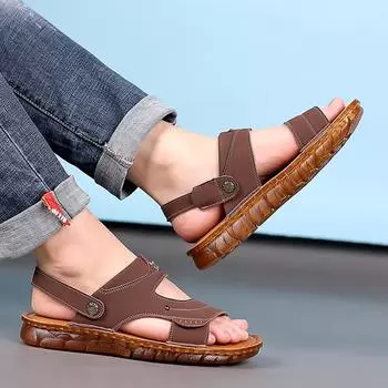 Мужские сандалии, летние новые модные мужские шлепанцы, уличная нескользящая обувь из натуральной кожи, пляжные сандалии без шнуровки, дорожные тапочки 6 чёрный