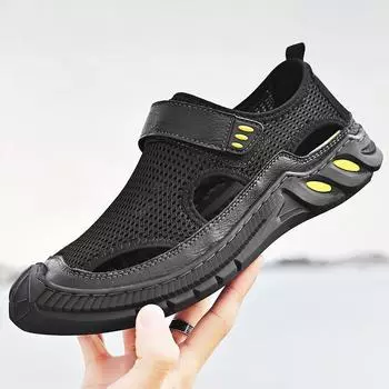 Мужские сандалии, летние, новые трендовые, с дырочками, с мягким дном, дышащая, для отдыха на природе, пляжная обувь 38 чёрный