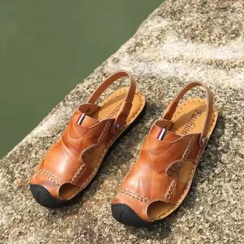 Мужские сандалии, летняя кожаная мужская обувь, дышащие прогулочные пляжные тапочки, уличные сандалии на плоской подошве, повседневные модные сандалии высокого качества 38 коричневый