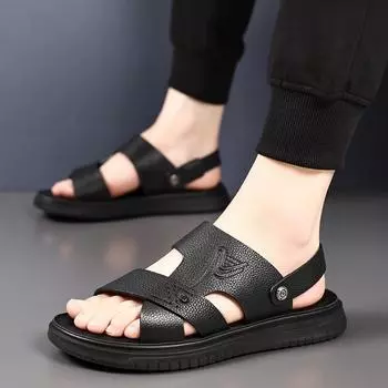 Мужские сандалии, летняя пляжная обувь из воловьей кожи, одежда для вождения, нескользящие сандалии двойного назначения 44 чёрный
