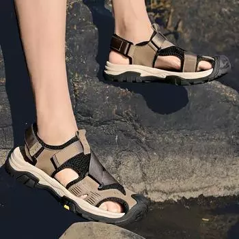 Мужские сандалии, лето 2024, дышащая повседневная обувь, спортивная обувь ручной работы на открытом воздухе, туфли-лодочки без шнуровки 38 чёрный