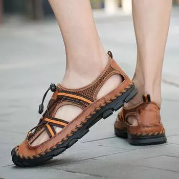 Мужские сандалии, лето 2024, новые легкие сандалии Baotou с сетчатой подошвой для прогулок, альпинизма, путешествий, кожаные сандалии 37 чёрный