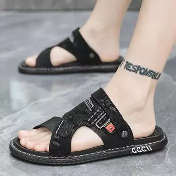 Мужские сандалии Лето 2024 Новые нескользящие водонепроницаемые пляжные туфли двойного назначения повседневные тапочки 39 чёрный