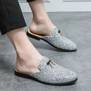 Мужские сандалии, лоферы, серебряные сабо, летние туфли, повседневные туфли без застежек, полуоблегающие туфли для вечеринок, большие размеры 38 чёрный