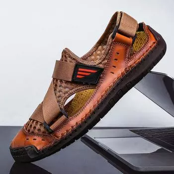 Мужские сандалии, мужские летние новые настоящие кожаные туфли с отверстиями для носка, дышащие мягкие кожаные сандалии, пляжная обувь Tide больших размеров 38 синий