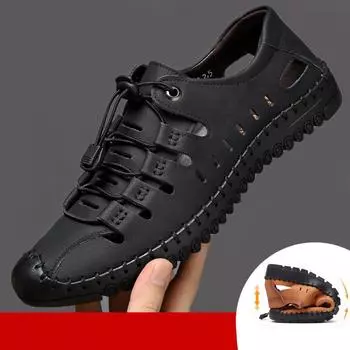 Мужские сандалии, новая летняя одежда, кожаная обувь на мягкой подошве с открытым носком, повседневные полые сандалии из воловьей кожи 38