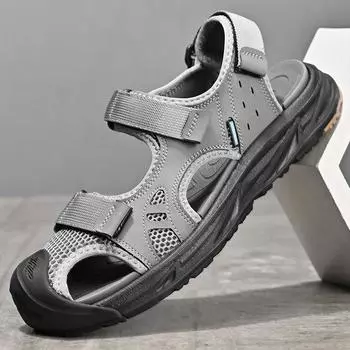 Мужские сандалии, новинка 2024 года, летняя дышащая пляжная обувь без шнуровки, дышащая дышащая обувь с закрытым носком, уличная обувь со слайдерами 38 серый