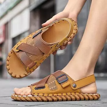 Мужские сандалии, новинка лета 2024, двусторонняя обувь из дышащей сетки, повседневная пляжная обувь без шнуровки со швом на подошве 38 светло-серый