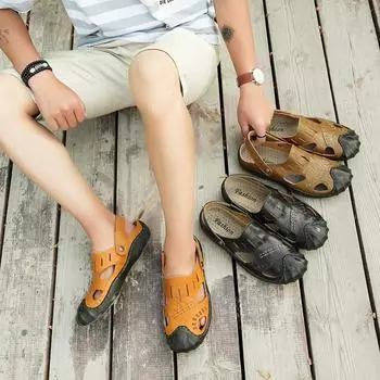 Мужские сандалии, новые, из натуральной кожи, двухсторонние пляжные туфли, закрытый носок, индивидуальные сандалии с мягкой подошвой, мужская мода, лето 38