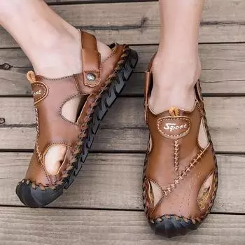 Мужские сандалии, новые летние нескользящие кожаные сандалии, мягкие тапочки на плоской подошве, мужская повседневная обувь, размеры 38-46 38 коричневый