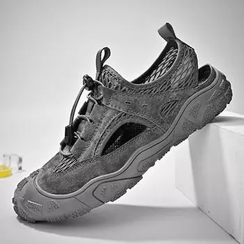 Мужские сандалии, новые летние с мягкой подошвой, без шнуровки, из сетки, дышащие, нескользящие, износостойкие туфли-лодочки, пляжная обувь, тапочки с кондиционером 38 чёрный