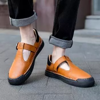 Мужские сандалии ручной работы, черные сандалии, уличные летние римские сандалии для мужчин, пляжная обувь больших размеров EU:45 чёрный