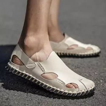 Мужские сандалии ручной работы из кожи с закрытым носком для улицы в римском стиле, летние прогулочные сандалии для походов, пляжная обувь больших размеров EU:45 чёрный