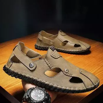 Мужские сандалии ручной работы, летние уличные сандалии для отдыха, дышащие, открытые, пляжные, римские сандалии, высококачественная толстая обувь для ходьбы 38 хаки
