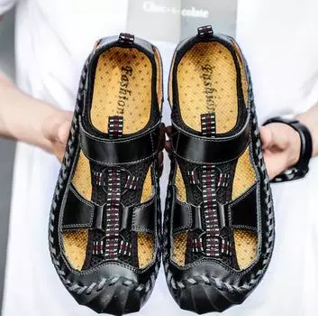 Мужские сандалии ручной работы Уличные сандалии Кожаные сандалии Пляжная обувь Походные уличные кожаные сандалии 39 чёрный