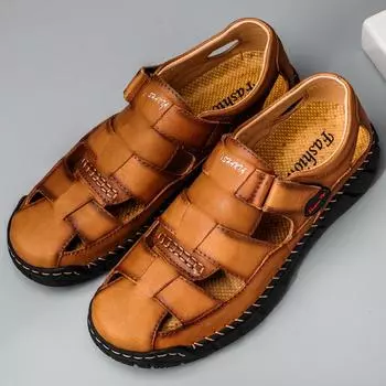 Мужские сандалии ручной работы, уличные сандалии, летние мужские сандалии из натуральной кожи в сетку в стиле ретро, повседневные пляжные сандалии 39 чёрный