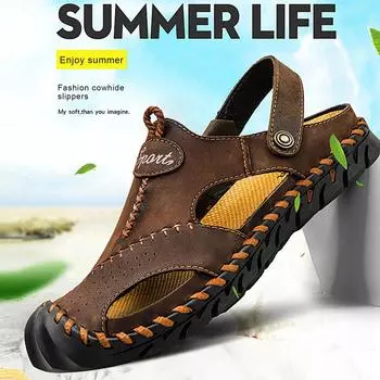 Мужские сандалии с круглым носком, сшитые вручную, мягкие туфли 43 чёрный