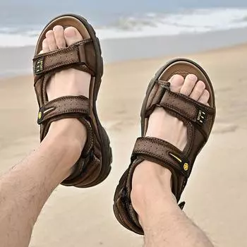 Мужские сандалии с открытым носком, дышащая обувь для ходьбы на открытом воздухе, легкие роскошные сандалии, мужские пляжные сандалии, обувь на плоской подошве для мужчин, обувь для воды 38 хаки