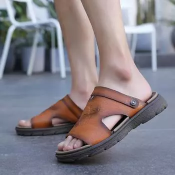 Мужские сандалии с открытым носком, широкие уличные спортивные кроссовки ручной работы, белые пляжные прогулочные римские сандалии, кожаная обувь для прогулок EU:40 чёрный